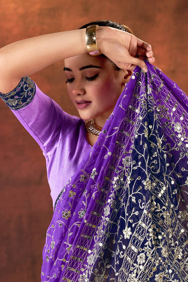 Violet Sequin with Embroidered Georgette Saree
