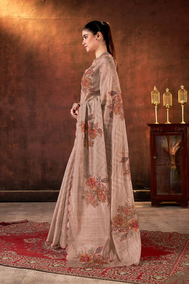 Brown Floral Printed Organza Saree