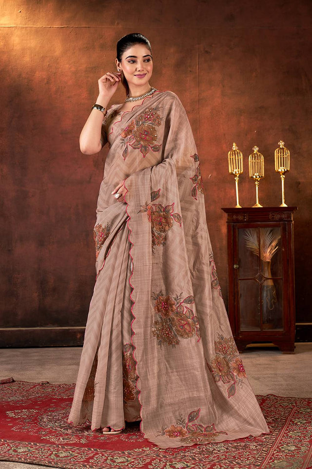 Brown Floral Printed Organza Saree