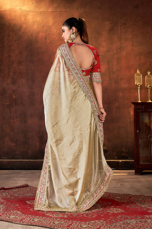 Beige Sequin with Embroidered Silk Saree