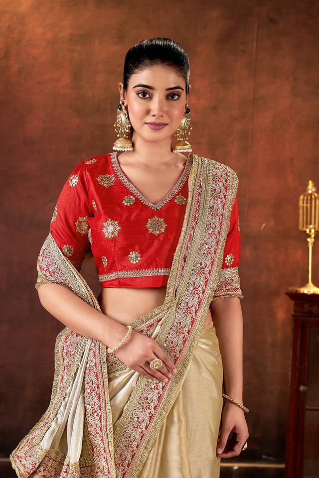 Beige Sequin with Embroidered Silk Saree