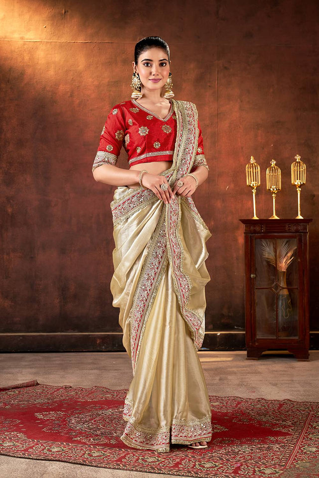 Beige Sequin with Embroidered Silk Saree