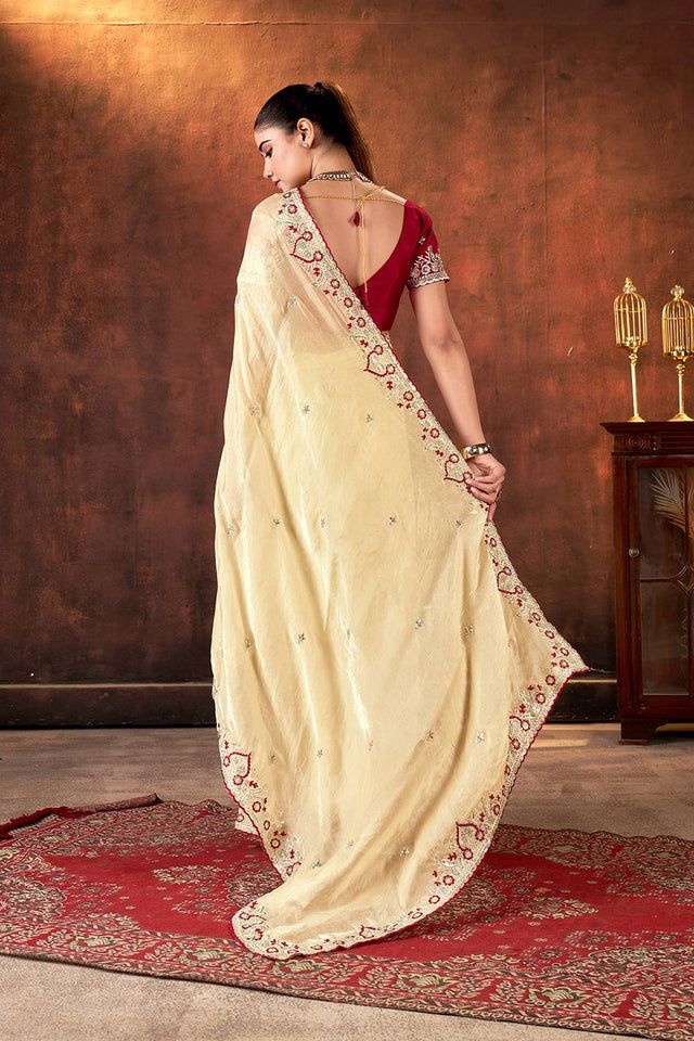 Brown Floral Embroidered Silk Saree