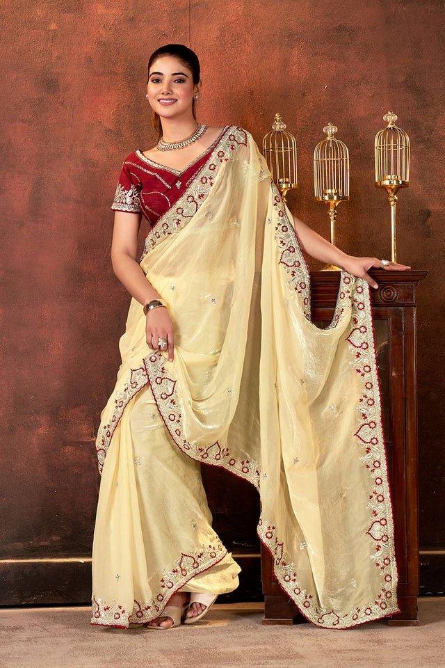 Brown Floral Embroidered Silk Saree