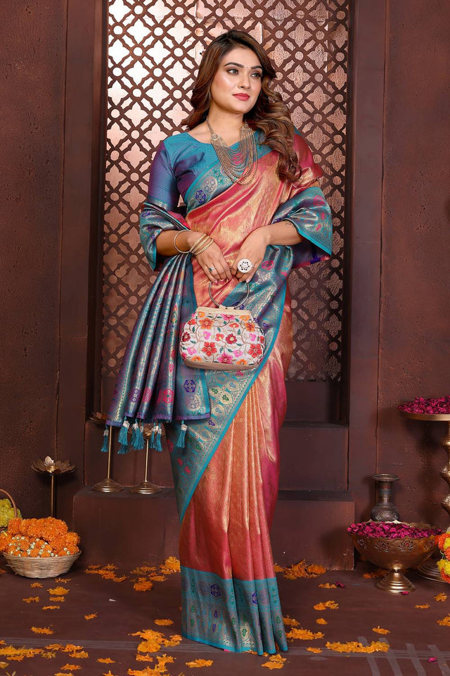 Pink Woven Silk Saree
