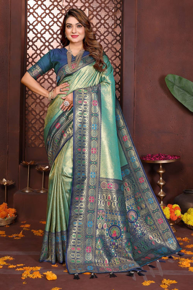 Sea Green Woven Silk Saree