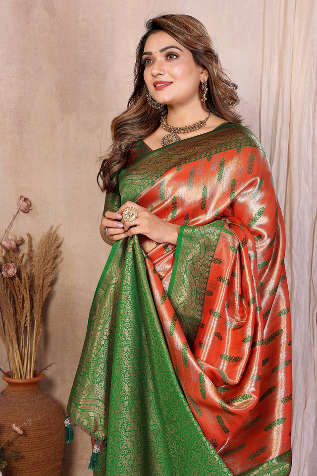 Rust Woven Banarasi Silk Saree