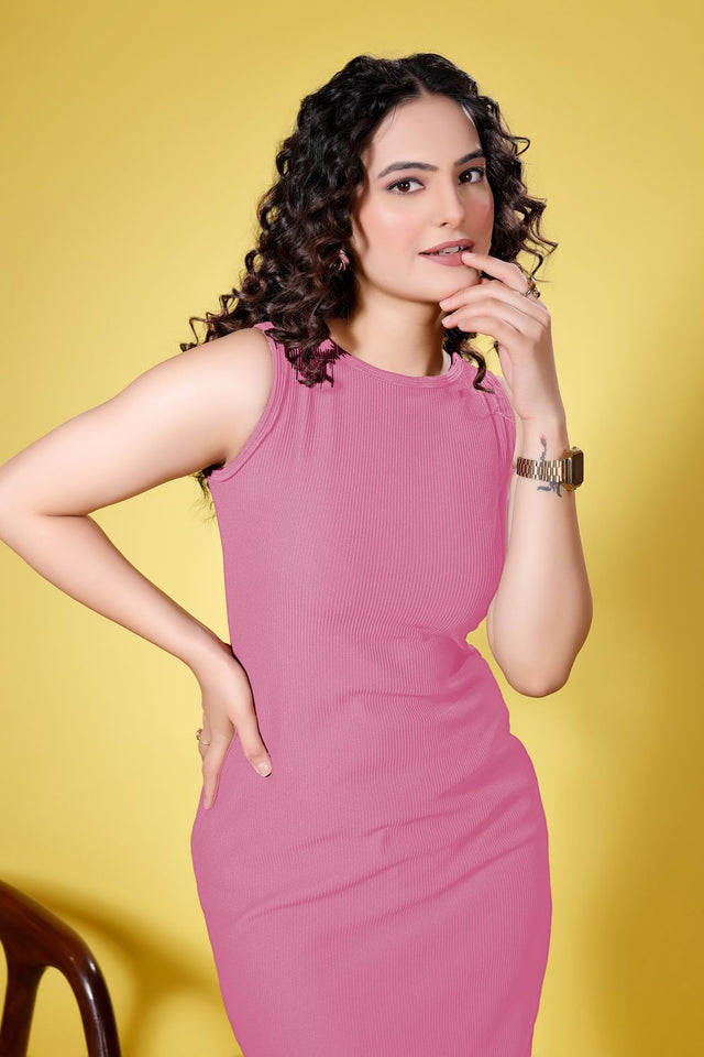 Pink Solid Ribbed Knited Dresses