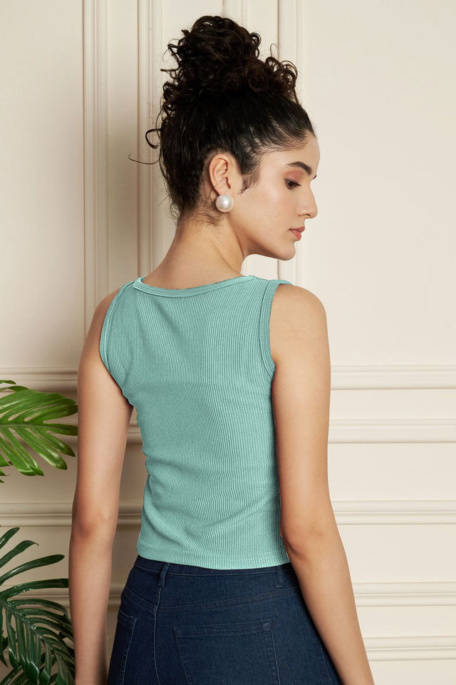 Green Solid Ribbed Knited Tops & Tunics