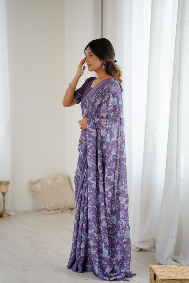 Lavender Floral Printed Satin Saree