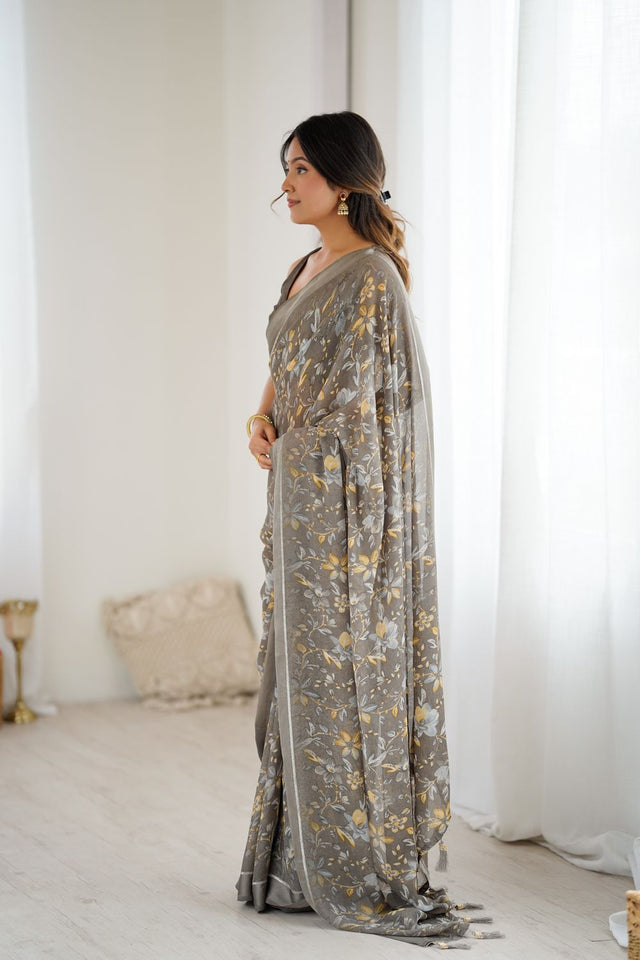 Grey Floral Printed Satin Saree