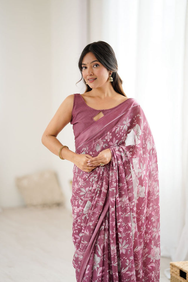 Pink Floral Printed Satin Saree
