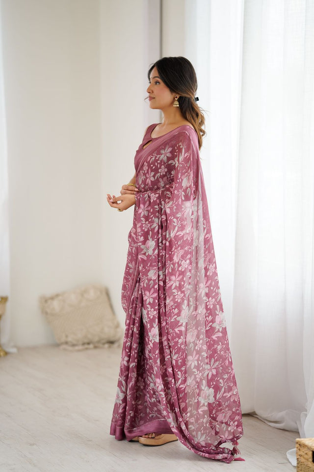 Pink Floral Printed Satin Saree