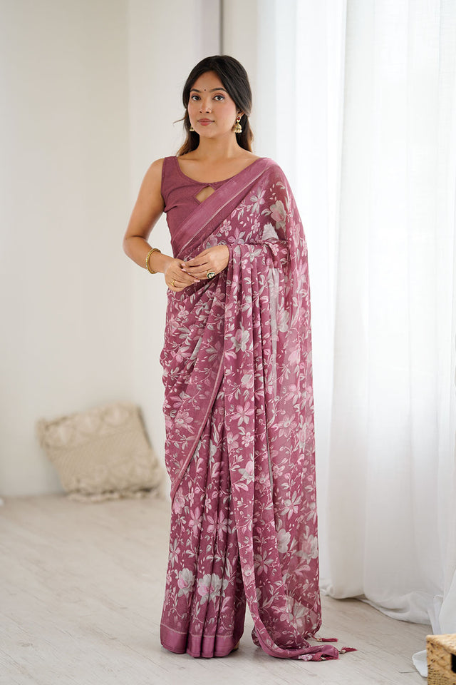 Pink Floral Printed Satin Saree