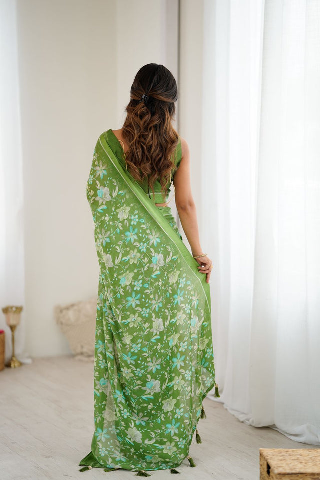 Green Floral Printed Satin Saree