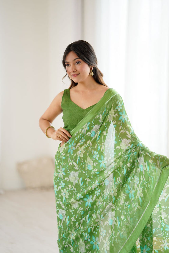 Green Floral Printed Satin Saree
