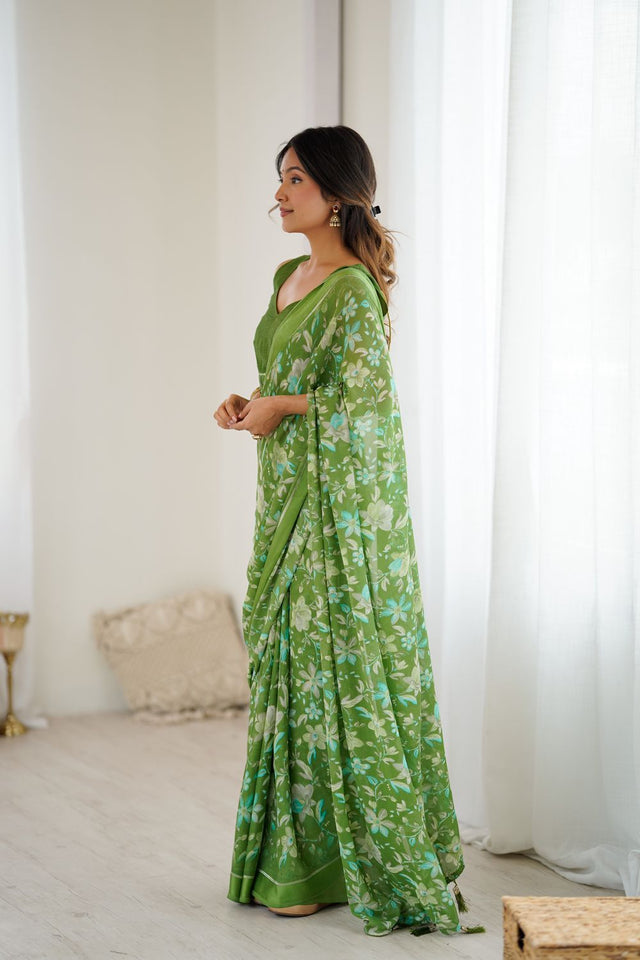 Green Floral Printed Satin Saree