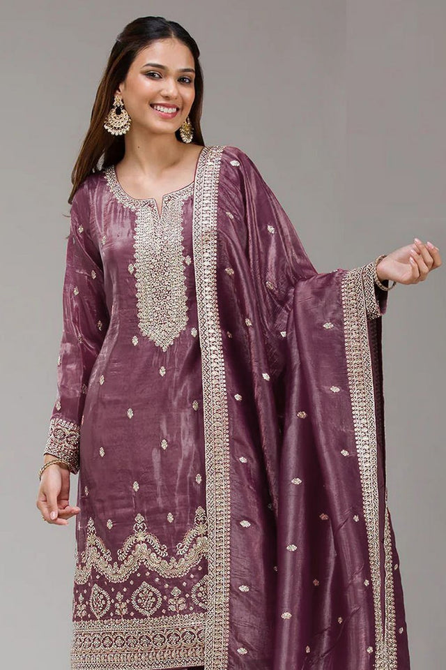 Purple Embroidered Crepe Palazzo Suits