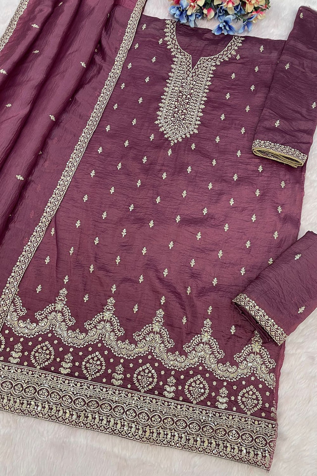 Purple Embroidered Crepe Palazzo Suits