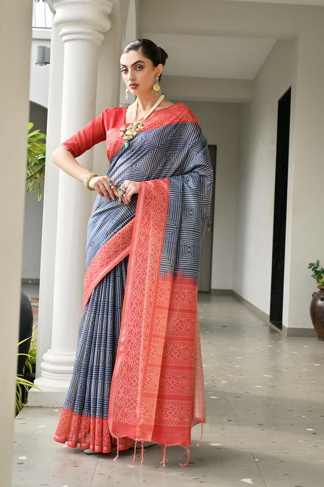 Blue Printed Silk Saree
