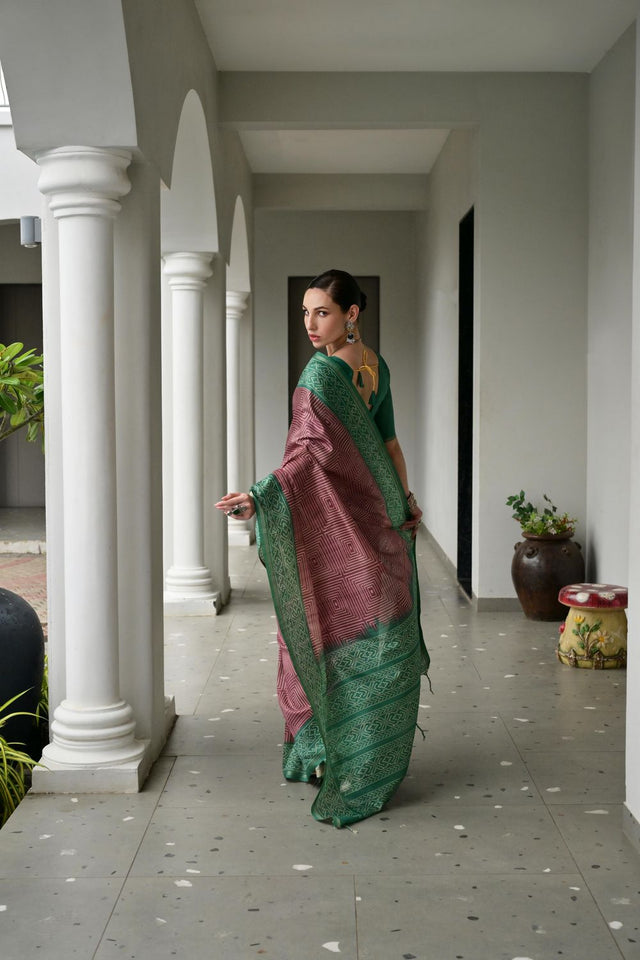 Wine Printed Silk Saree