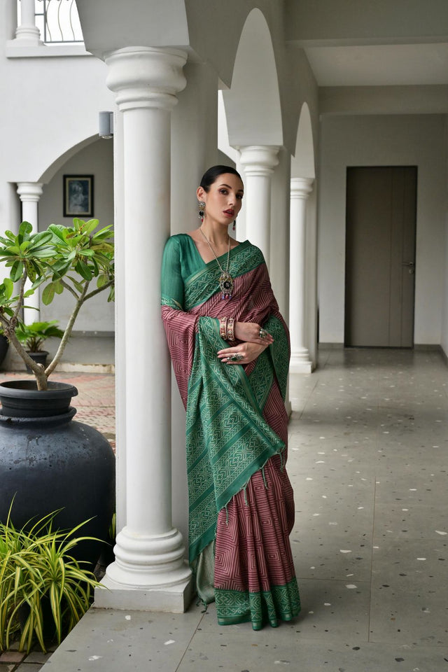 Wine Printed Silk Saree