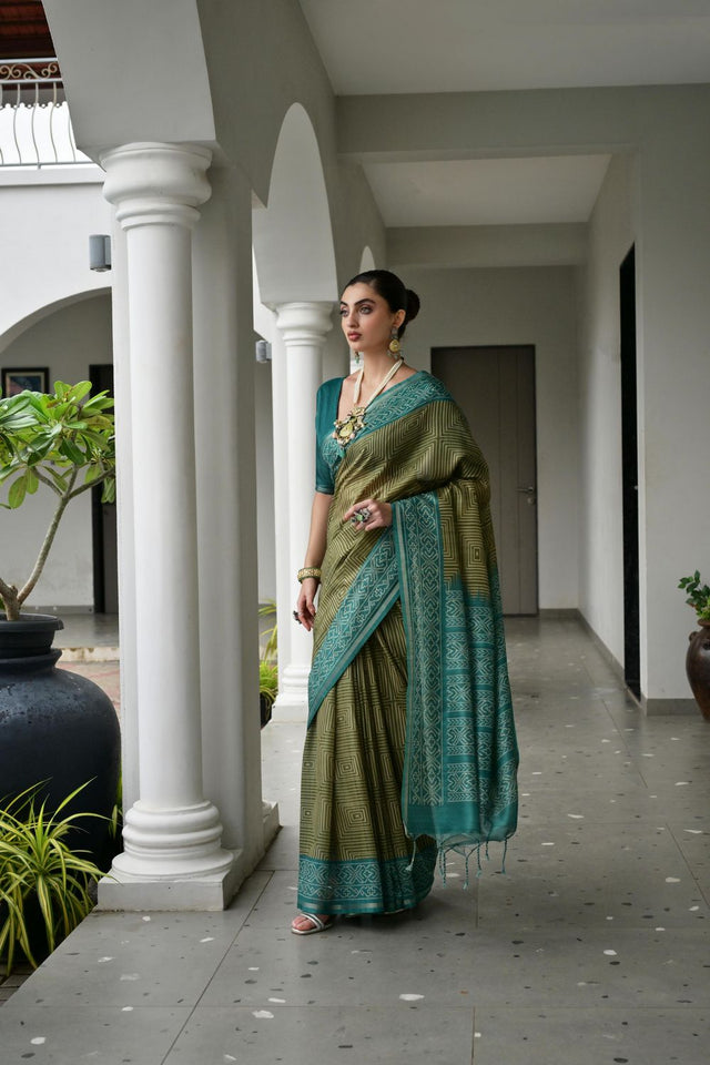 Mehendi Printed Silk Saree