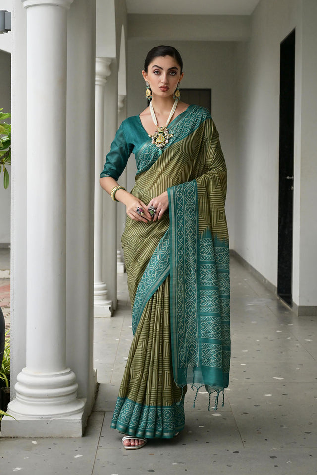 Mehendi Printed Silk Saree