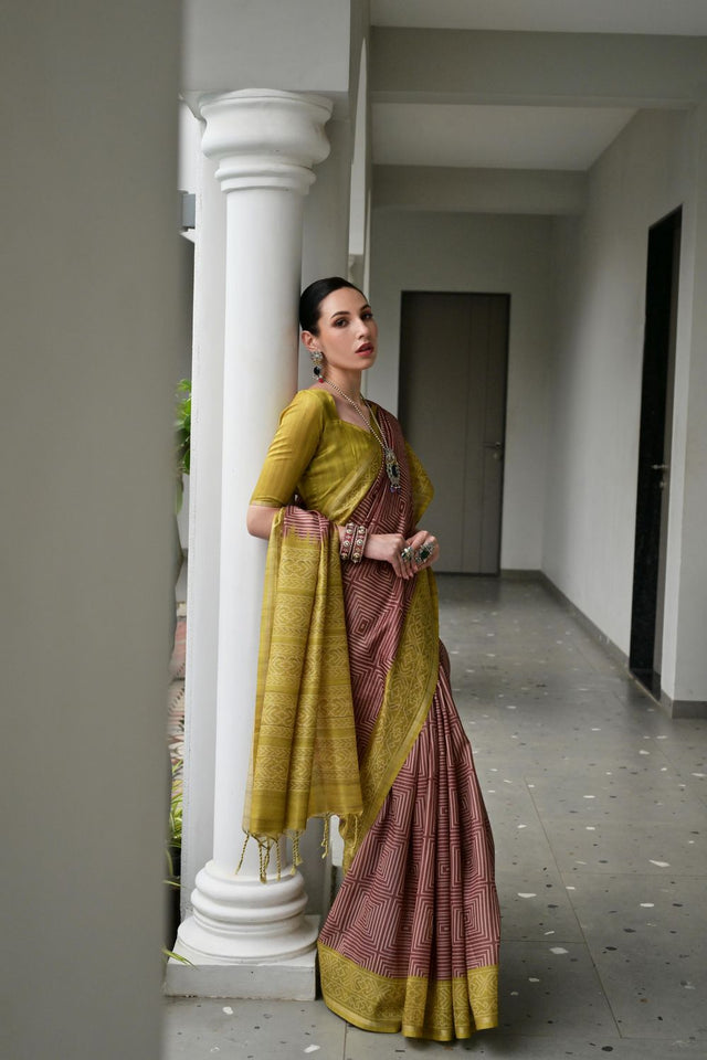 Brown Printed Silk Saree