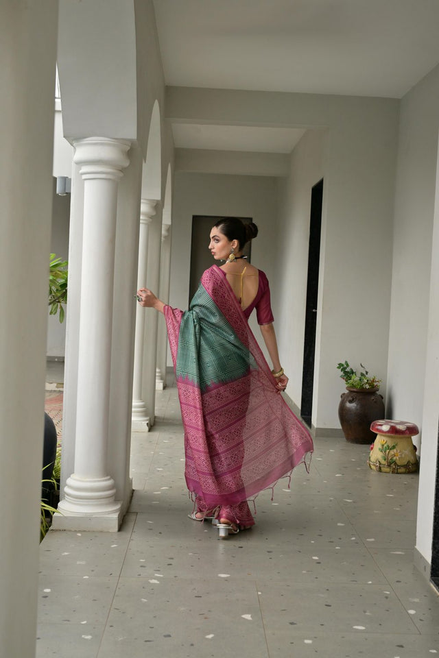 Green Printed Silk Saree