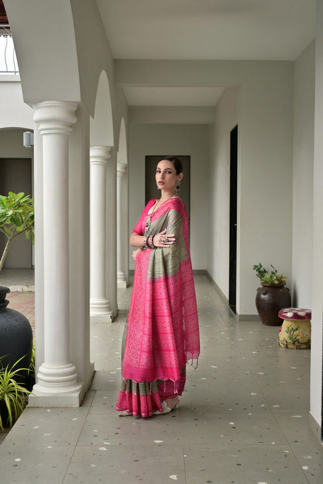 Grey Printed Satin Saree