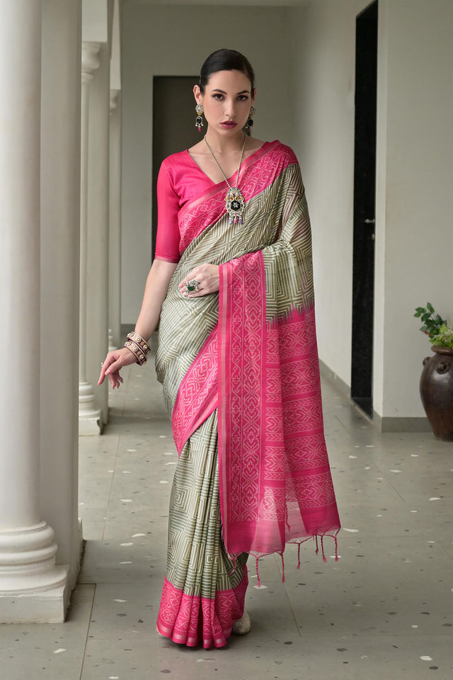 Grey Printed Satin Saree