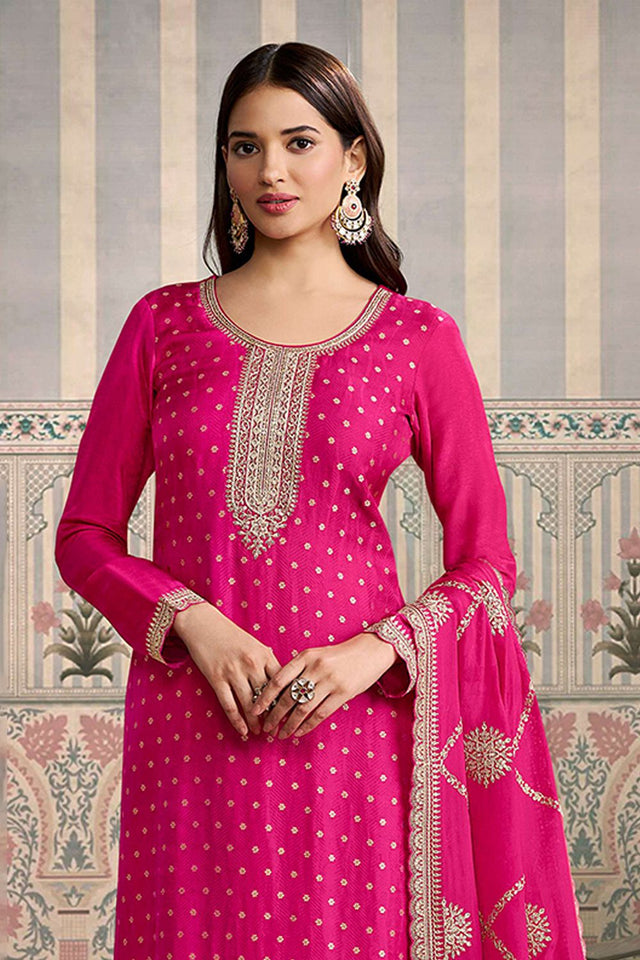 Rani Pink Embroidered Viscose Kurti Pant Set