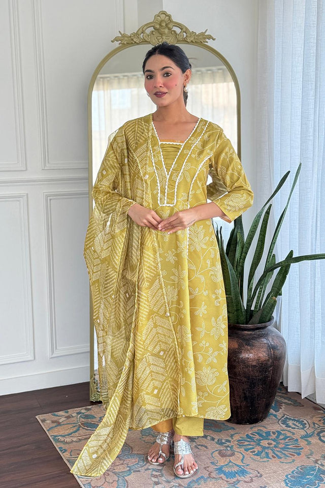 Yellow Bandhani Printed Anarkali Suits