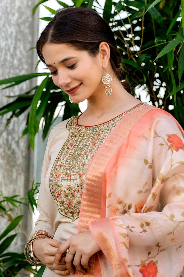 Brown Floral Embroidered Peach Kurti Pant Set