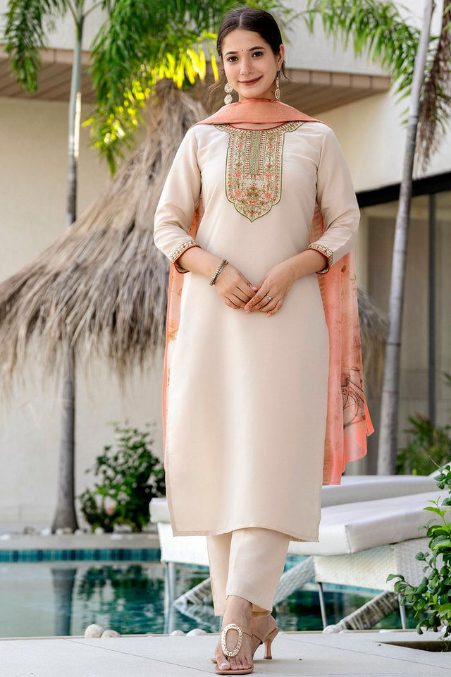 Brown Floral Embroidered Peach Kurti Pant Set