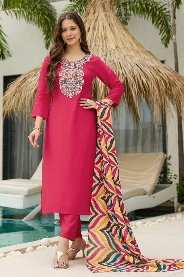 Pink Sequin with Embroidered Multi Color Kurti Pant Set