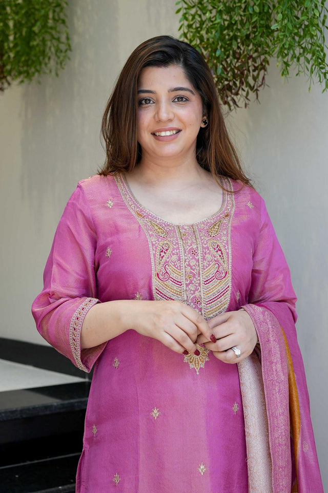 Violet Floral Embroidered Kurti Pant Set