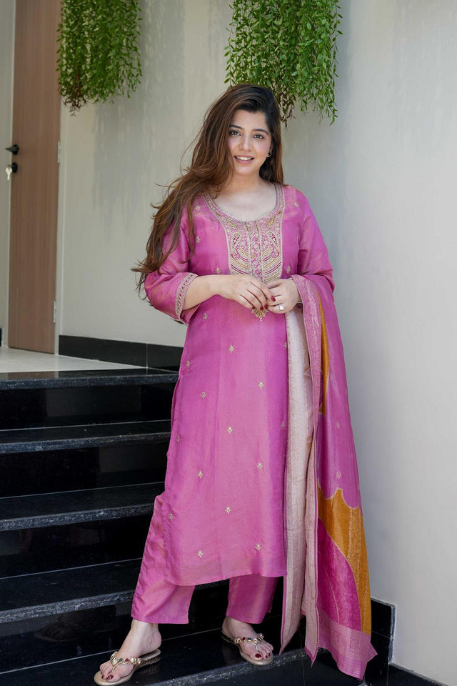 Violet Floral Embroidered Kurti Pant Set