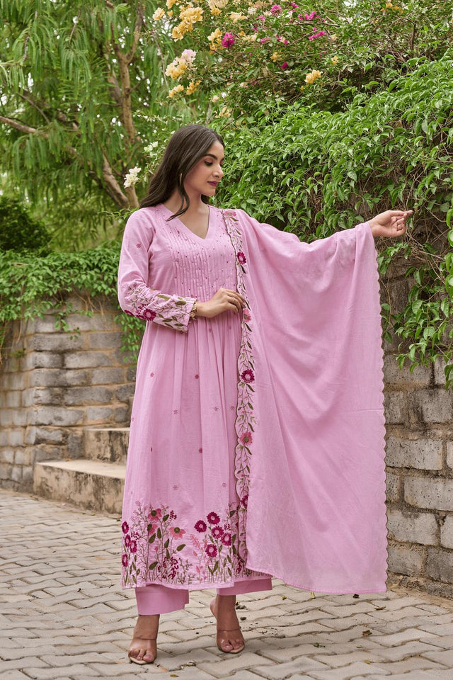 Pink Floral Embroidered Anarkali Suits