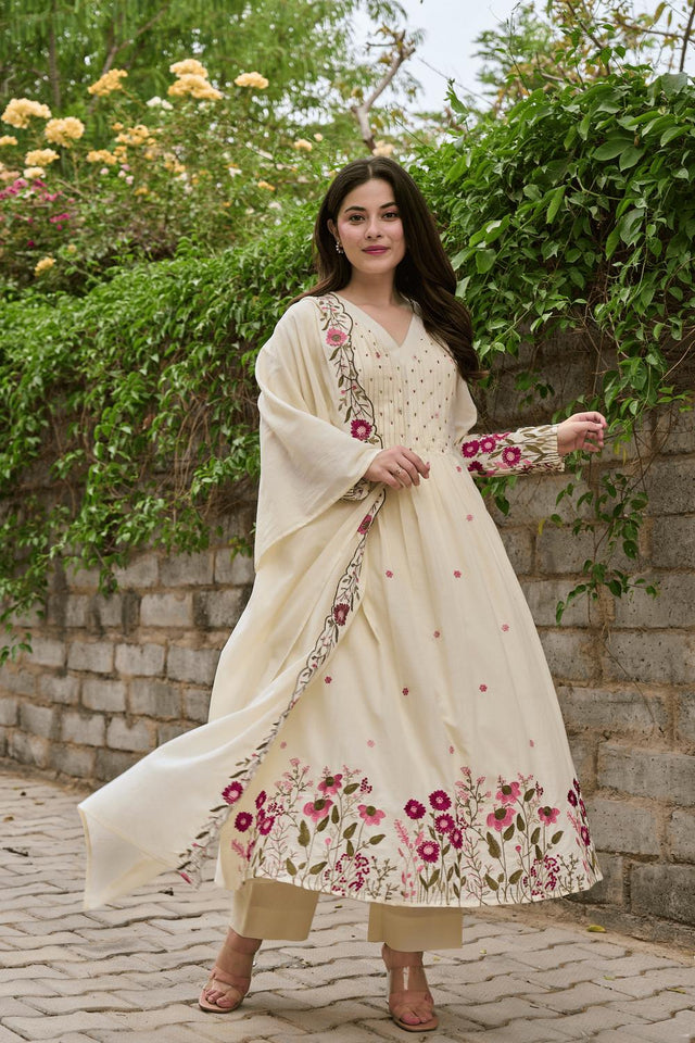Cream Floral Embroidered Anarkali Suits