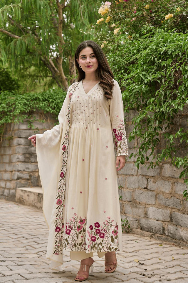 Cream Floral Embroidered Anarkali Suits