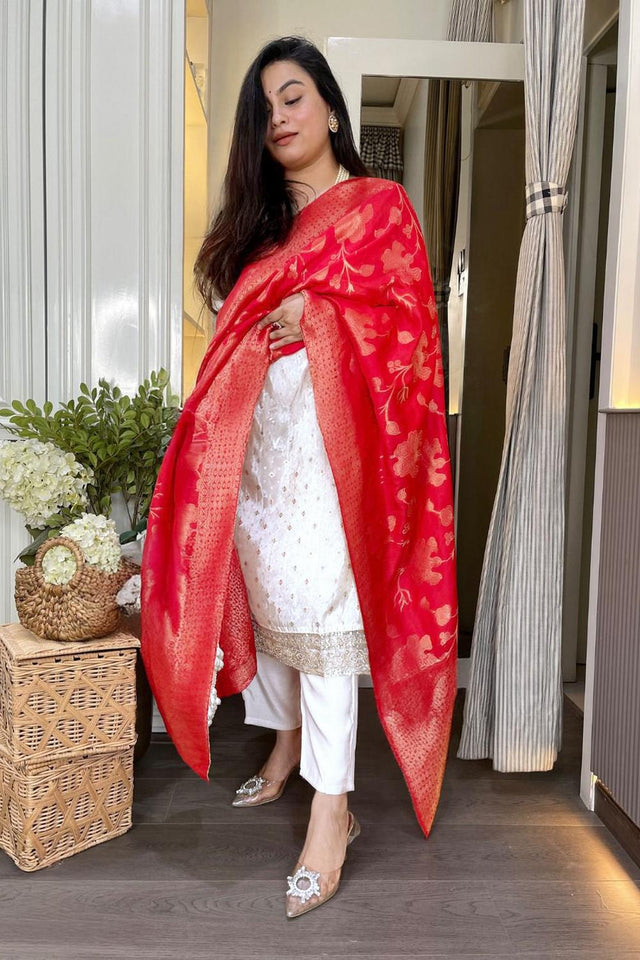 Off White Embroidered Red Straight Cut Suits