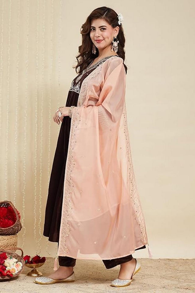Brown Floral Embroidered Peach Anarkali Suits