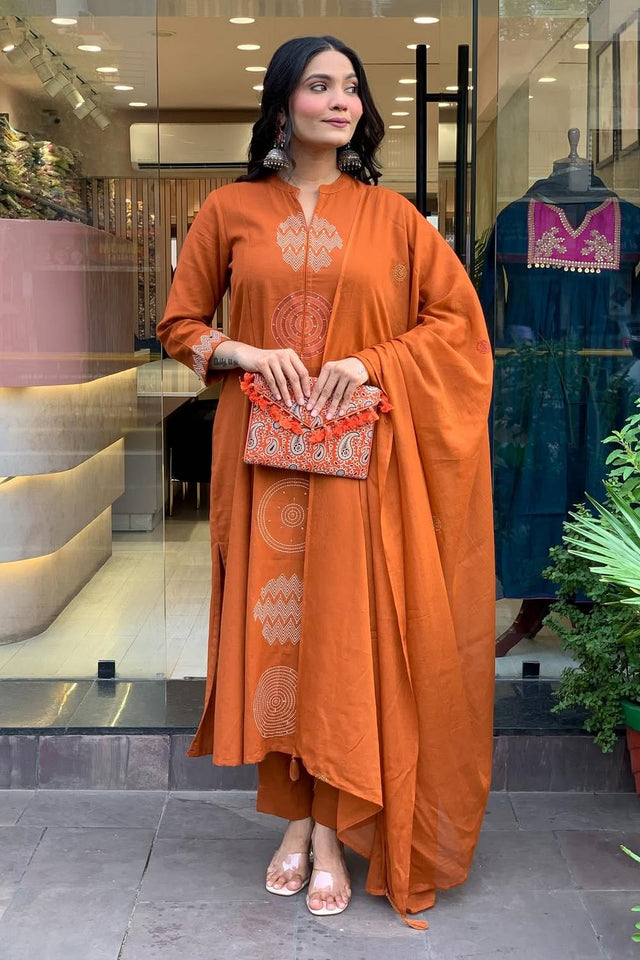 Orange Embroidered Straight Cut Suits