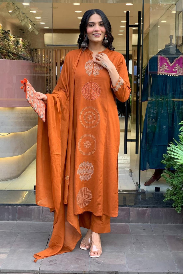 Orange Embroidered Straight Cut Suits