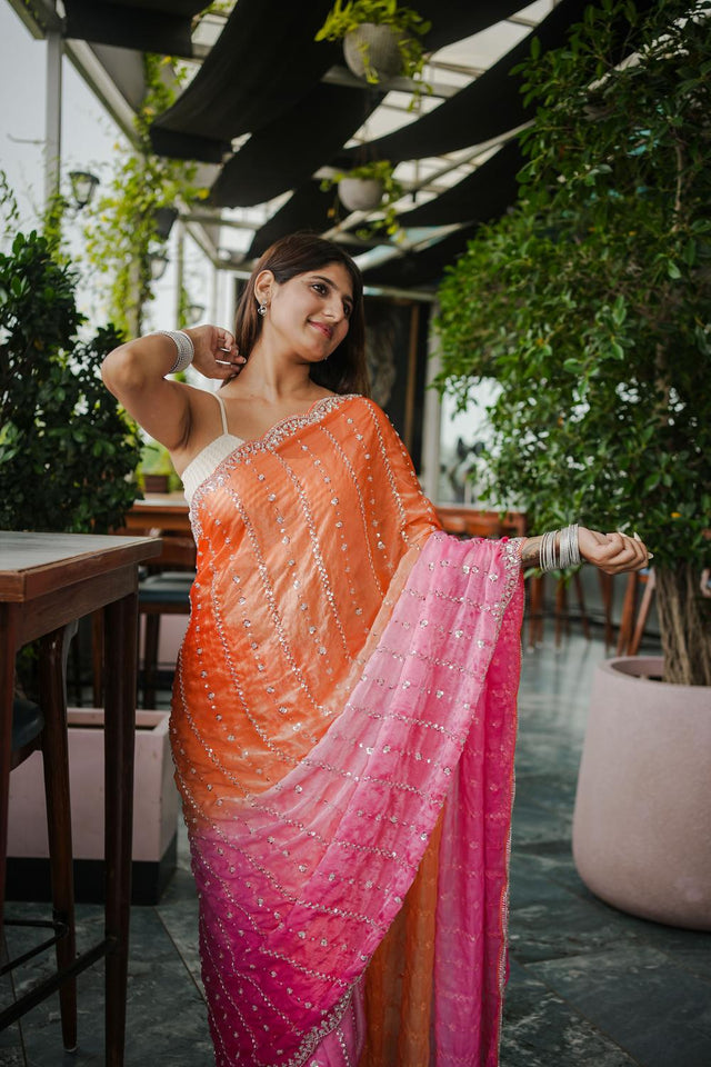 Orange Sequin Satin Saree