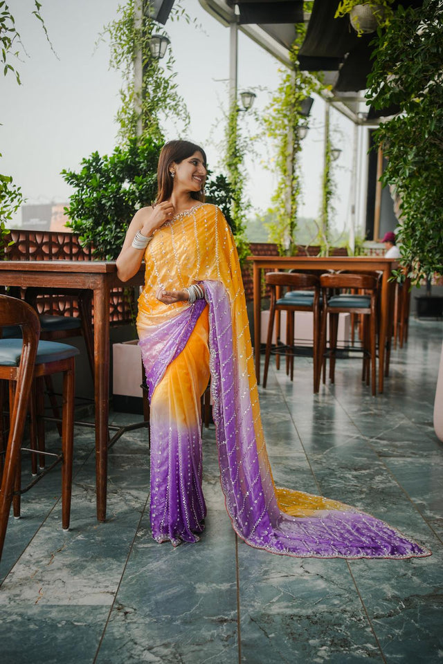 Yellow Sequin Satin Saree