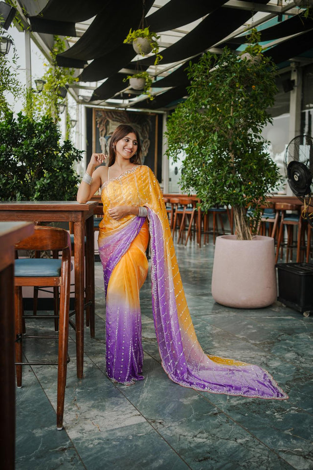 Yellow Sequin Satin Saree