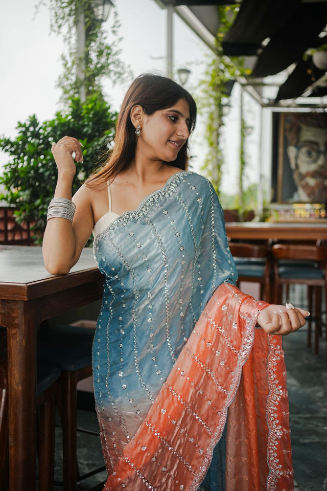 Blue Sequin Satin Saree